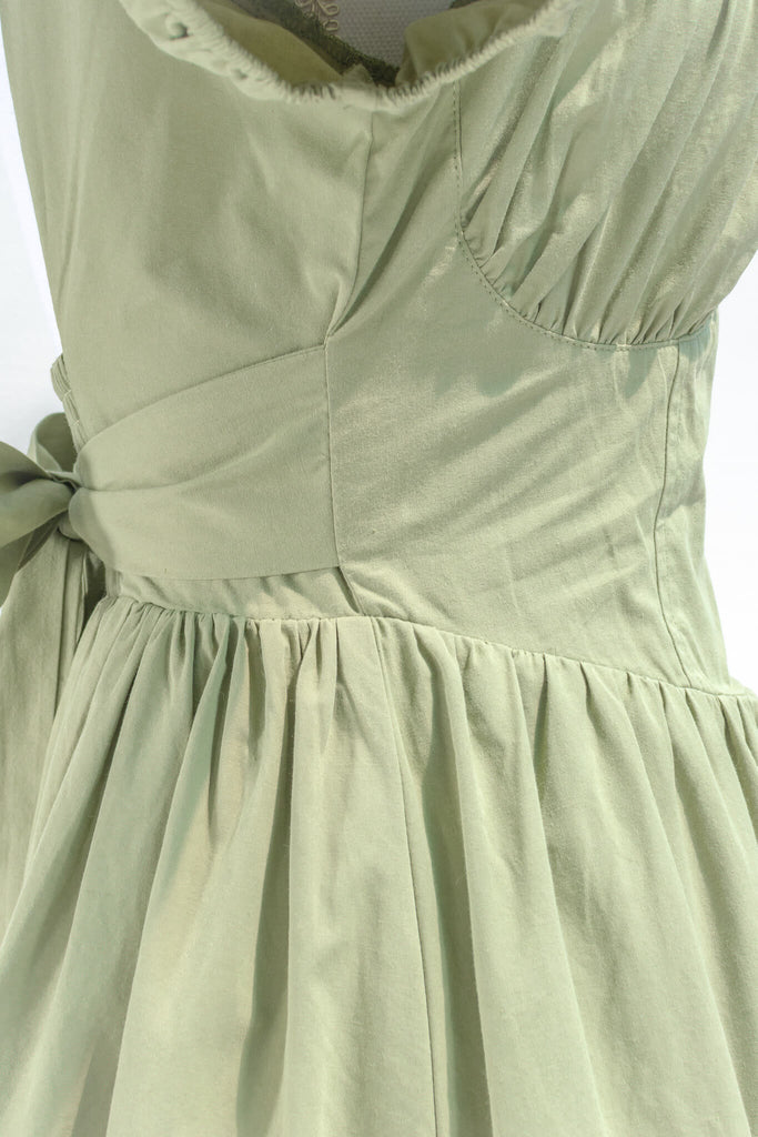 cottagecore dress - a beautiful puff sleeve, mini dress with a square neckline. side up close view. amantine.