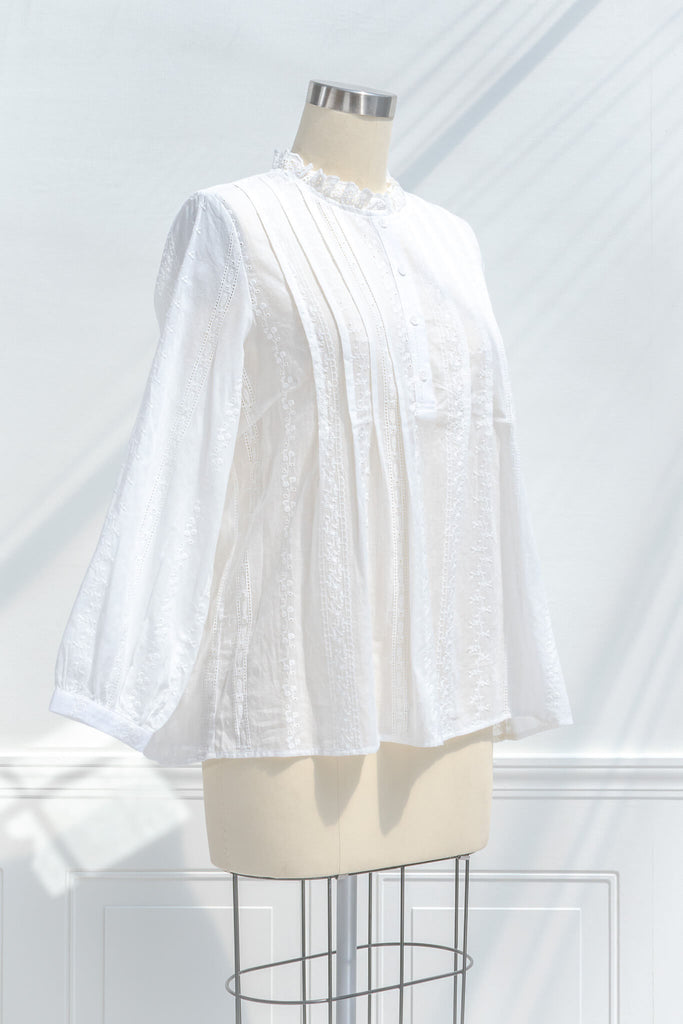feminine blouse for work - cottagecore inspired outfit - long sleeve white shirt. quarter view. amantine. 