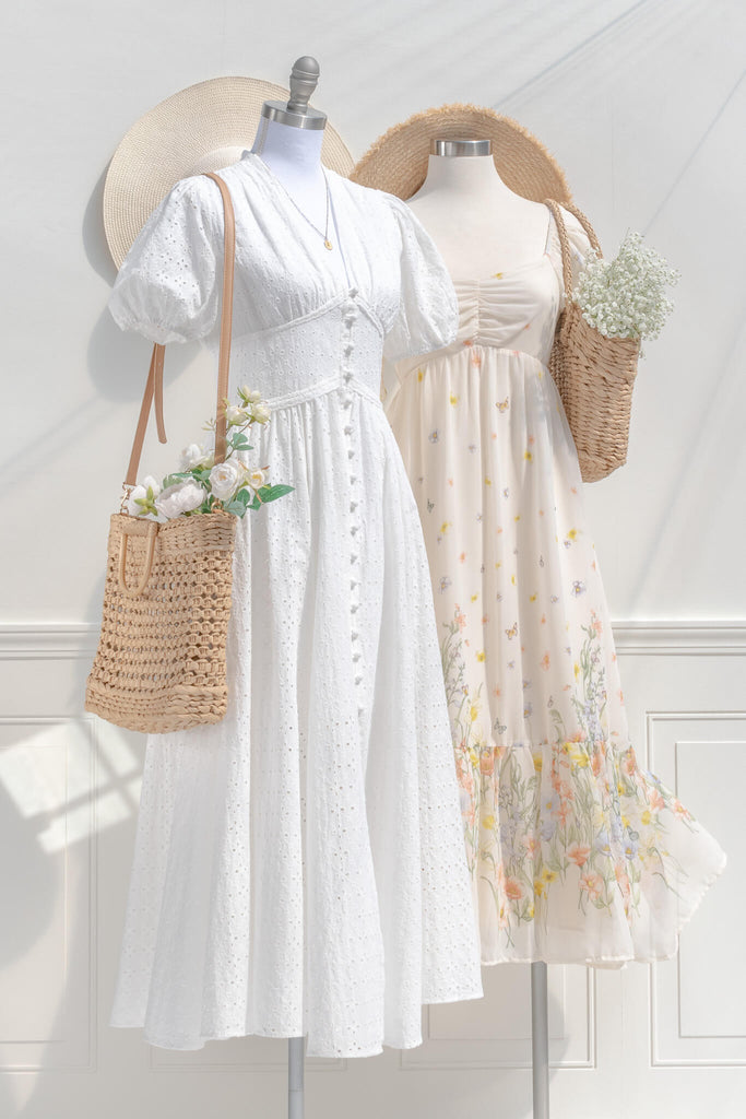 two beautiful boutique dresses styled in a cottage core style. amantine. 
