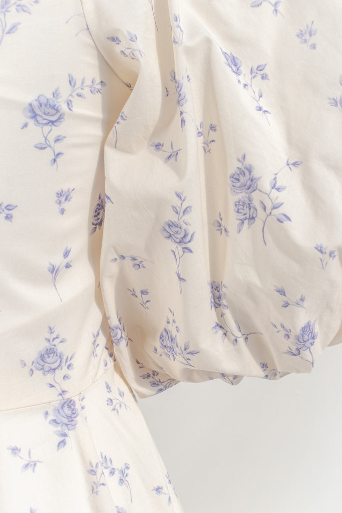 cottagecore dress - this dress is a flowing, romantic garment characterized by soft hues and delicate details that inspire feelings of nostalgia and whimsy. These dresses draw inspiration from the idyllic charm of life in a quaint, rural cottage from a bygone era as well as french country cottage charm. up close view of puff sleeve.