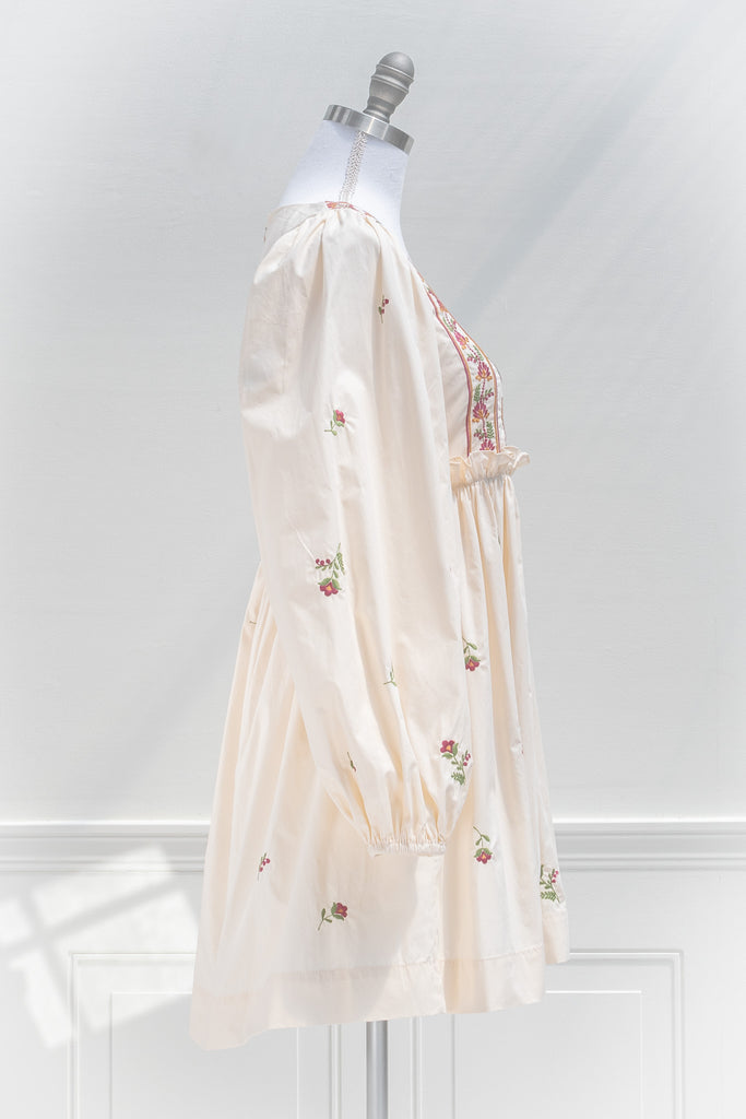 cottage core dress. a square neckline, long sleeve, embroidery detail cottagecore dress. front view. amantine. 