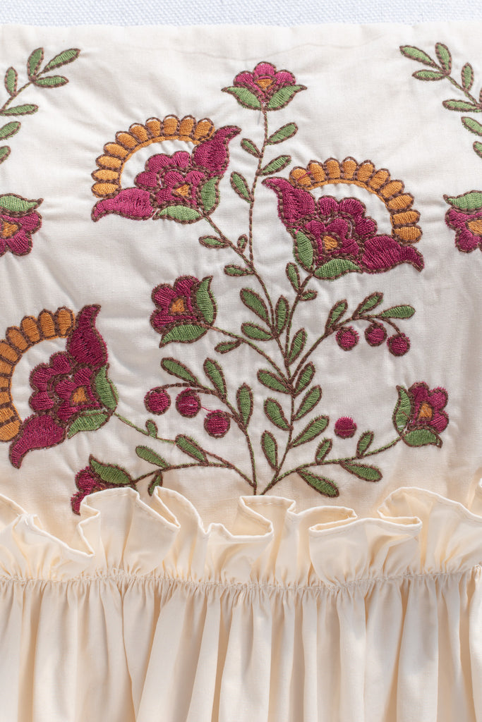 floral embroidery on bust of cottage core dress. 