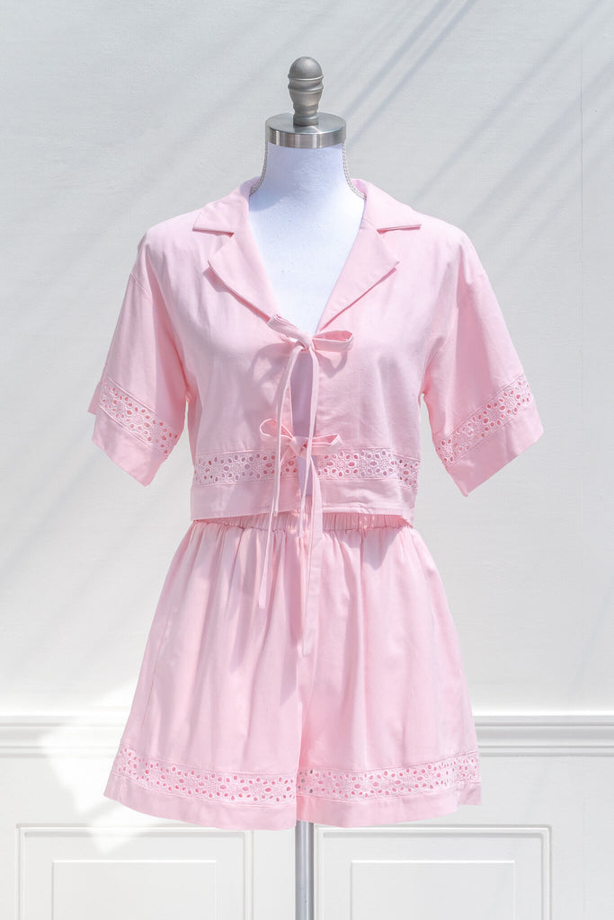 pink clothing - a cottagecore style top and short set in pink linen. front view. 