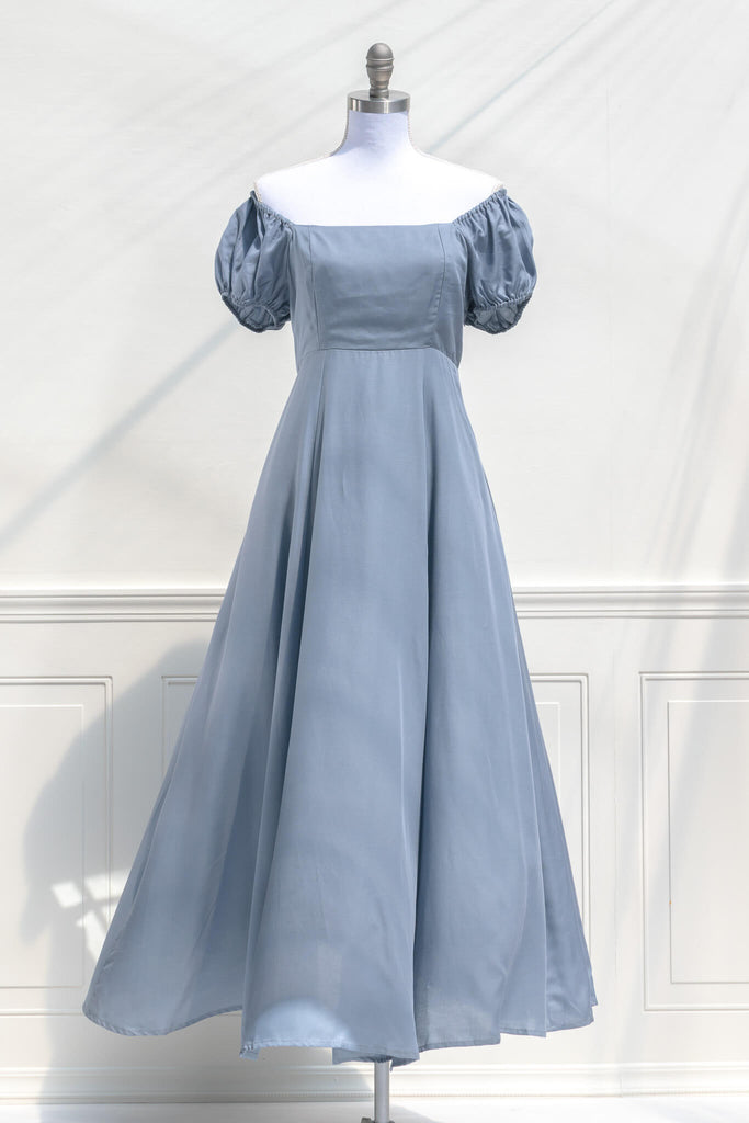 cottagecore dresses - a french inspired feminine dress in light blue, with puff sleeves, a line skirt, and high waistline - off the shoulder style view. amantine.