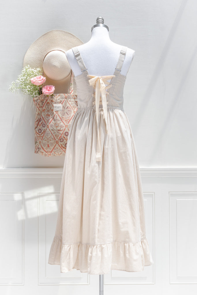 cottagecore dress for fall. cute feminine and romantic style french dress. amantine dresses. back view. 