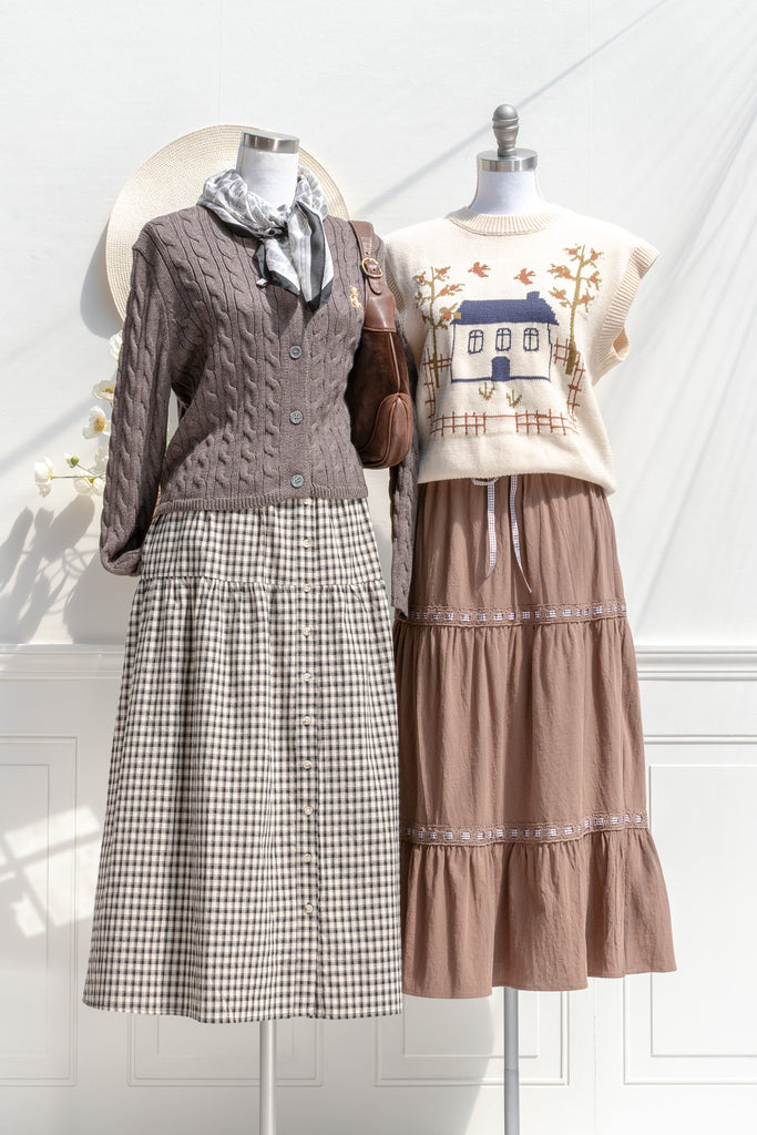 two skirt and sweater cottagecore french style outfits for autumn. amantine. 