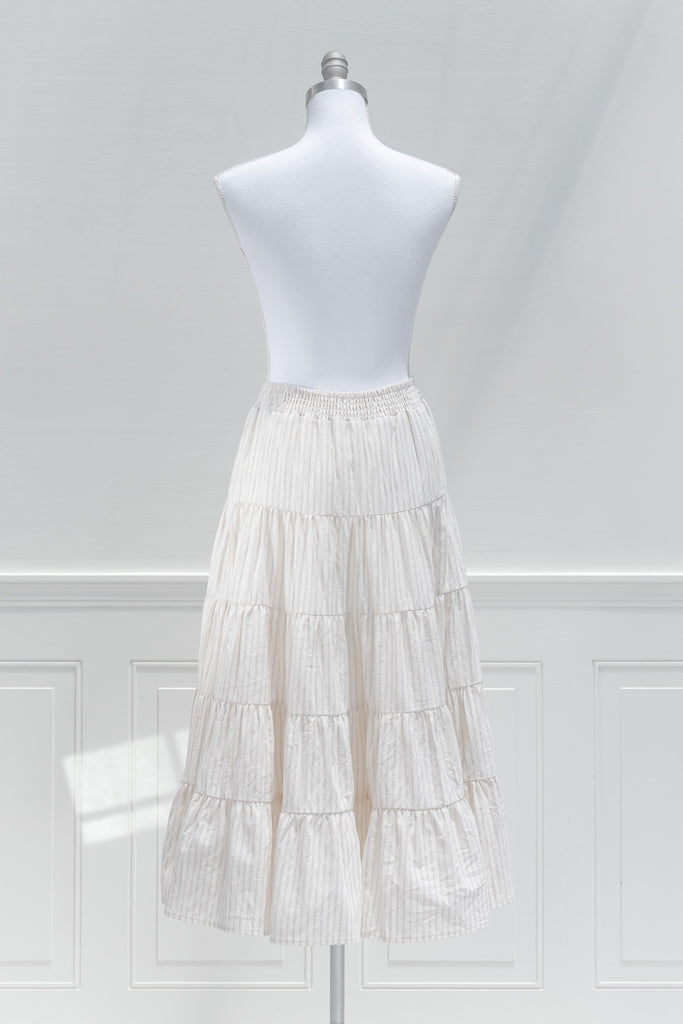 long skirts - a long skirt in a tiered cut, with striped fabric and off white cotton. front view. 