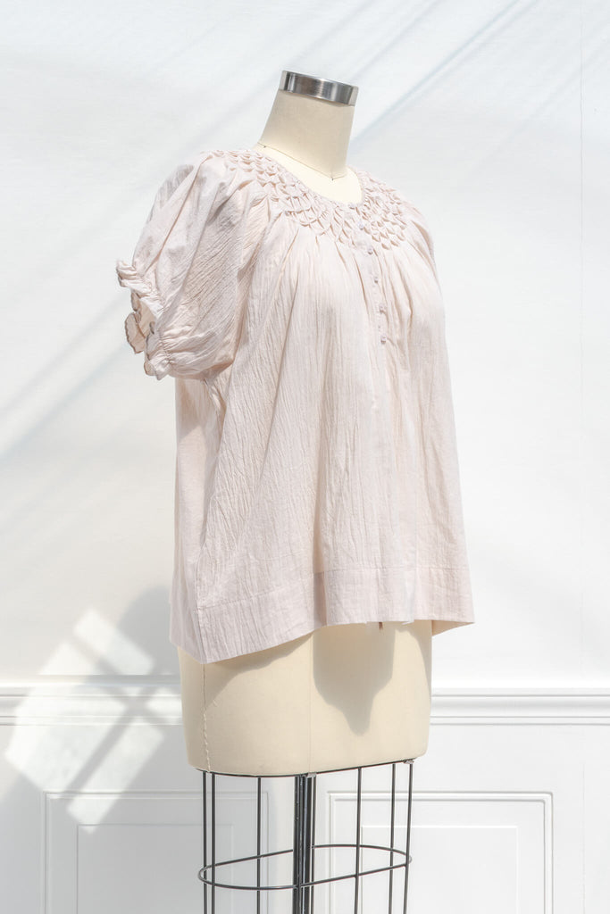 cottagecore outfits - a french inspired neutral cotton blouse for a cottagecore style outfit. quarter view. amantine. 