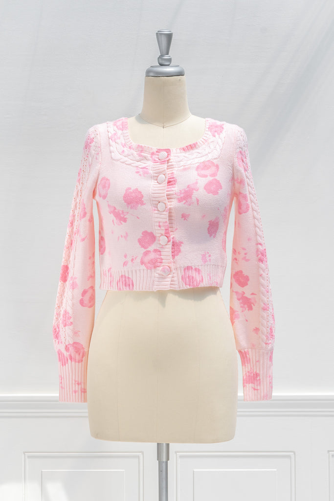 cute pink sweater with floral detail. fall sweaters. front view. 