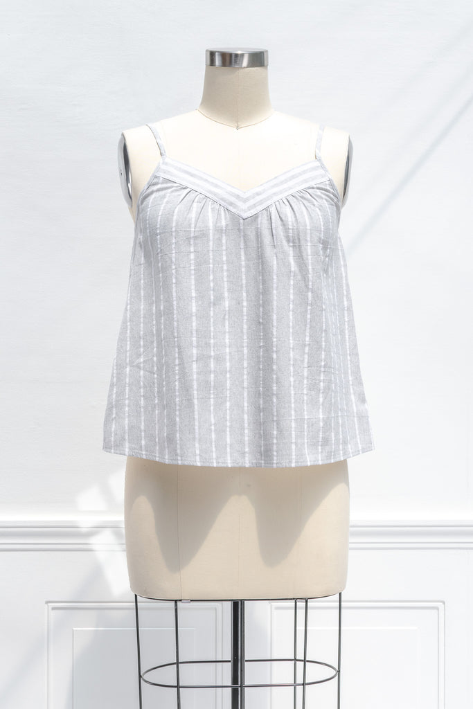 cute tops - summer top in light grey and white stripes. front view. 