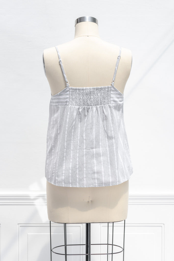 cute tops - summer top in light grey and white stripes. back view. 