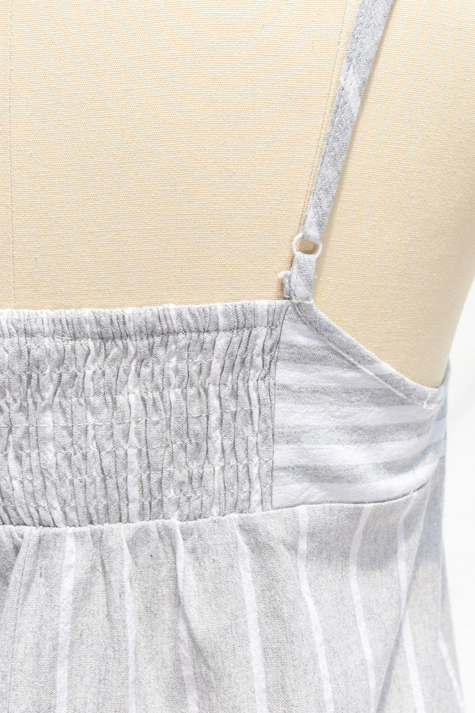 cute tops - summer top in light grey and white stripes. front view. 