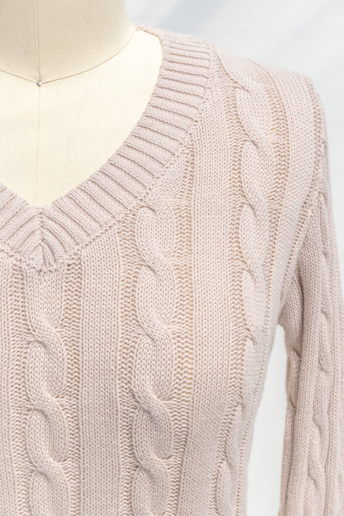 cute sweaters for women - a classic taupe cable knit v neck pull over sweater. front view.