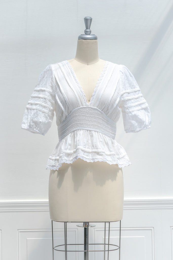 cute tops - feminine white lace cottagecore blouse. 