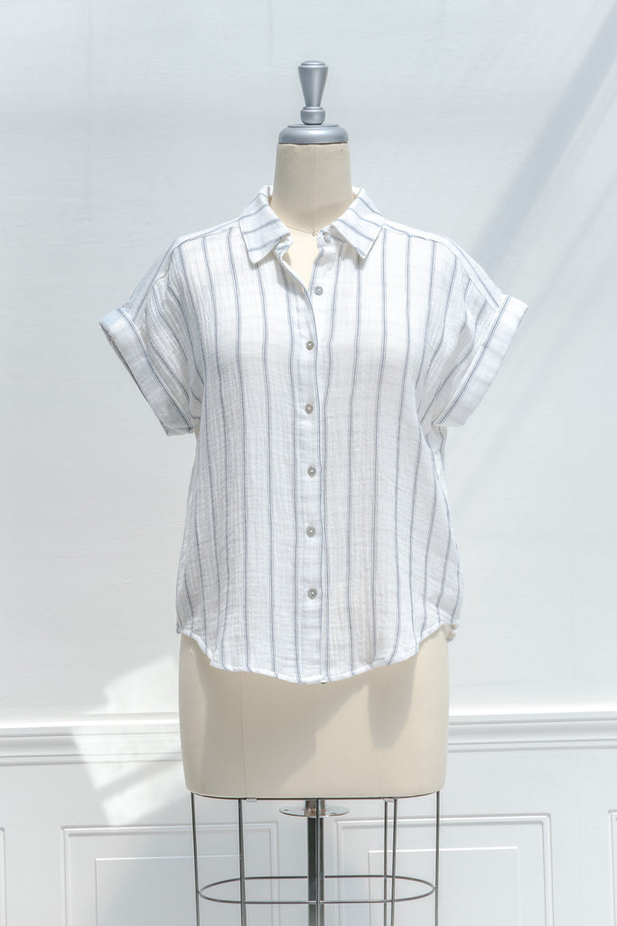 cute tops - cute sweaters and tops. striped blue and white button down top. 