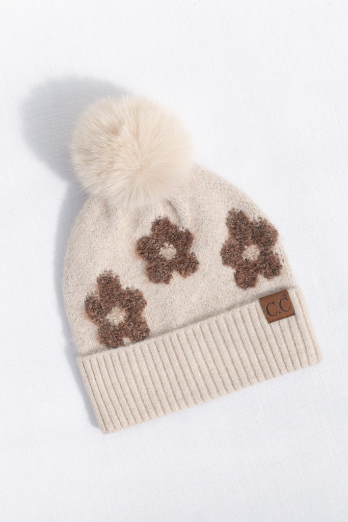 small gift for francophile - a french girl style beige beanie with floral detail and pompon. 