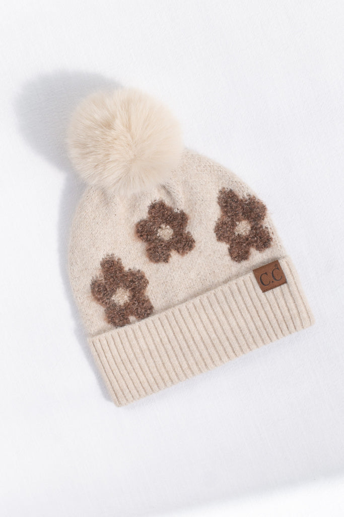 small gift for francophile - a french girl style beige beanie with floral detail and pompon. 