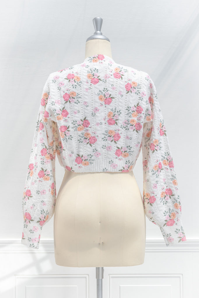 cute sweaters - floral bolero style sweater with a bow tie. bow tie sweater. back view. 