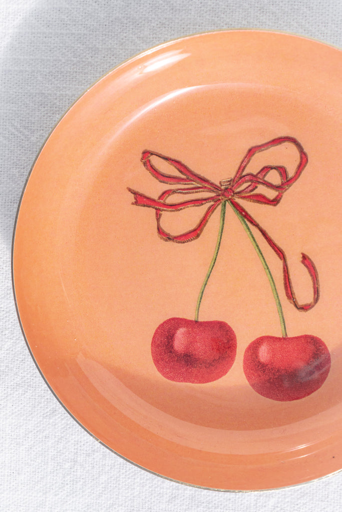 small catch all tray - cute desk tray with cherry detail on an orange background. made of metal and porcelain. french girl style. 