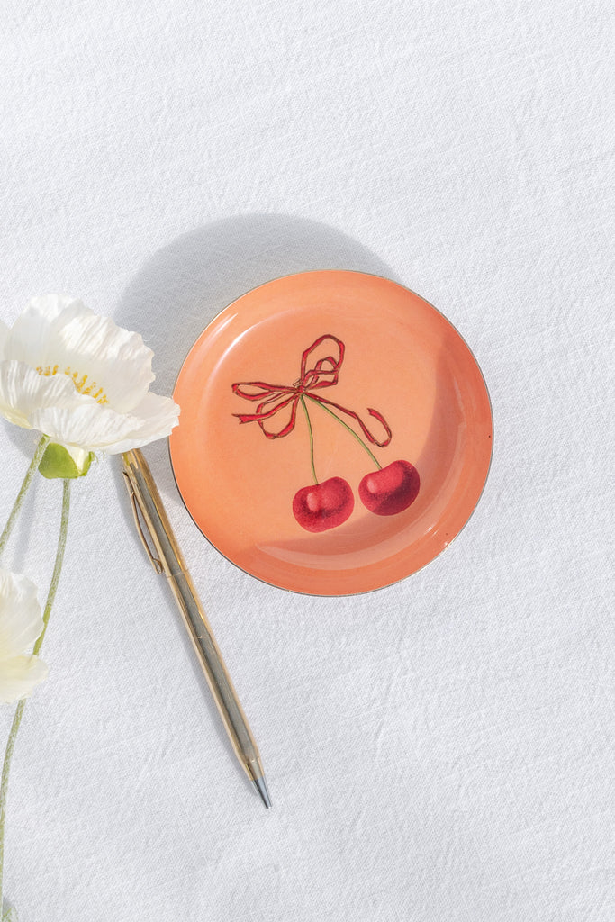 small catch all tray - cute desk tray with cherry detail on an orange background. made of metal and porcelain. french girl style. 