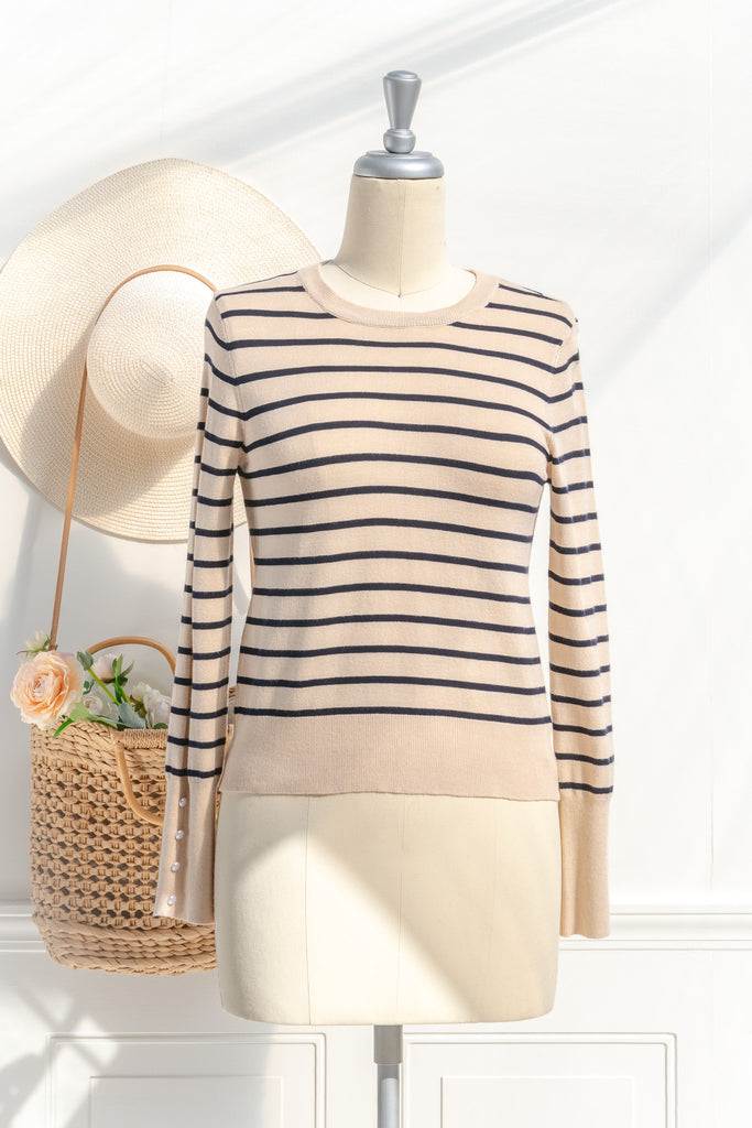 french striped long sleeve top. french girl style basic. front view. 