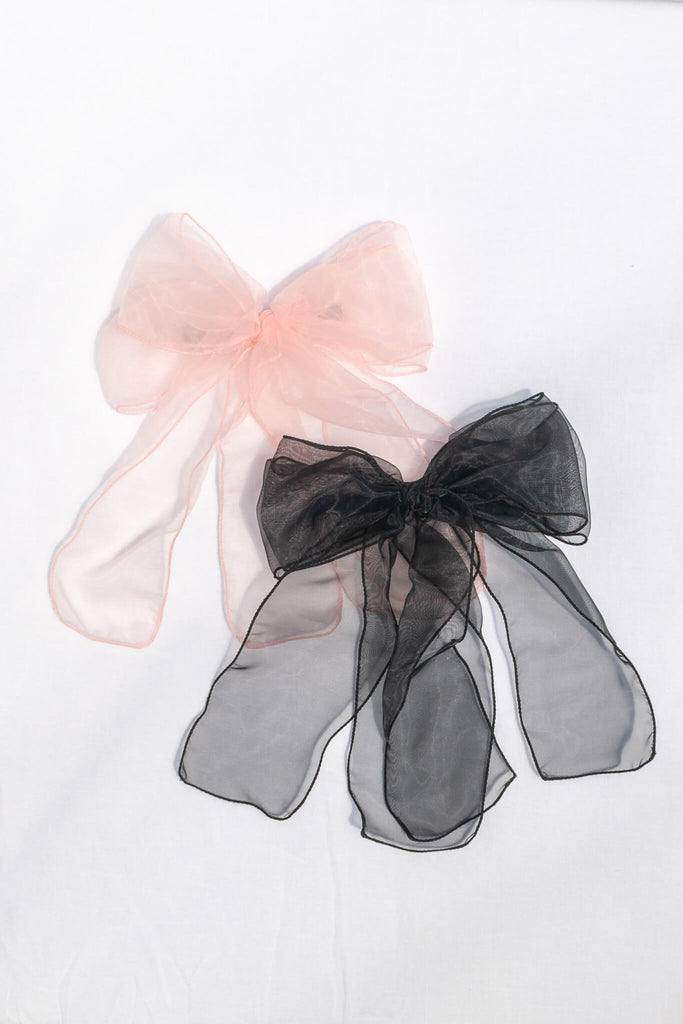 cute hair bows - cottagecore and coquette style. oversize organza hair bows in pink and black. 