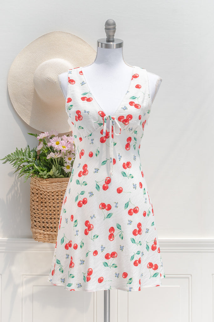 cherry print mini dress. amantine. front view. 