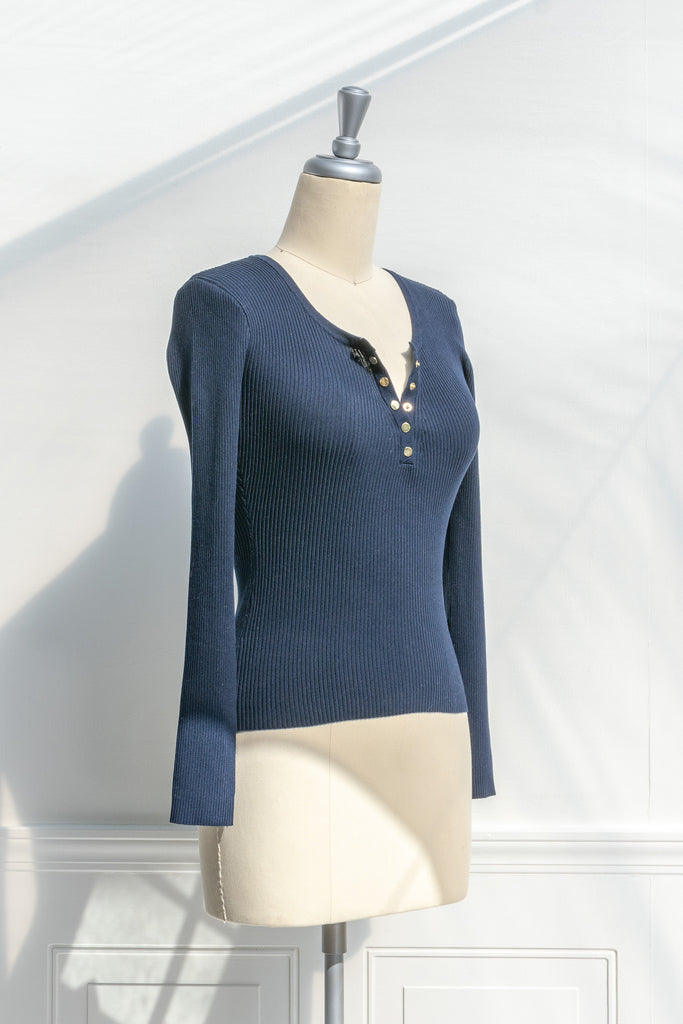 cute tops - blue ribbed feminine top. v neck, long sleeve. 3/4 view. 