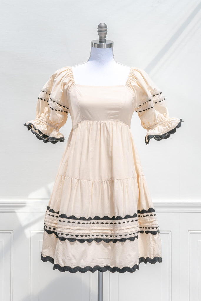feminine cottagecore dress - a mini dress unique in style. front  view. amantine. 