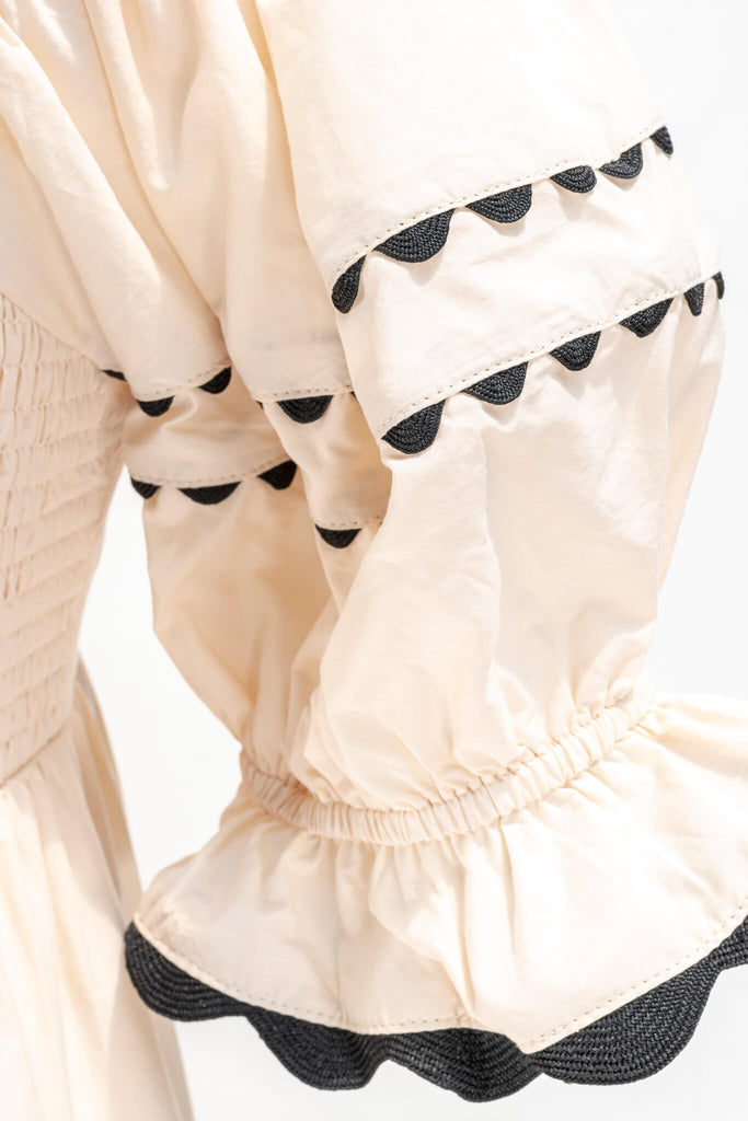 feminine cottagecore dress - a mini dress unique in style. fabric detail  view showing black feminine detail. amantine. 