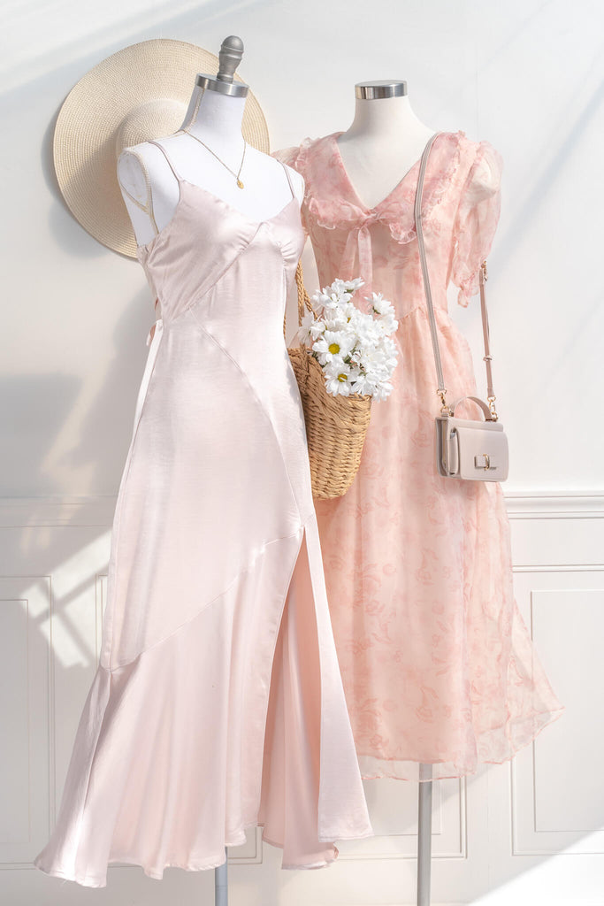 peach fuzz dress - pink aesthetic collection - a dress in peach fuzz with puff sleeves, sailor's collar, and feminine details. amantine. two cottagecore dresses view. 
