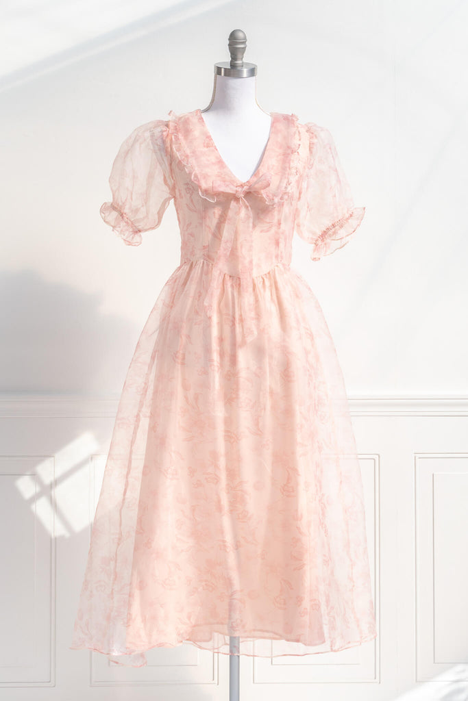 peach fuzz dress - pink aesthetic collection - a dress in peach fuzz with puff sleeves, sailor's collar, and feminine details. amantine. front view. 