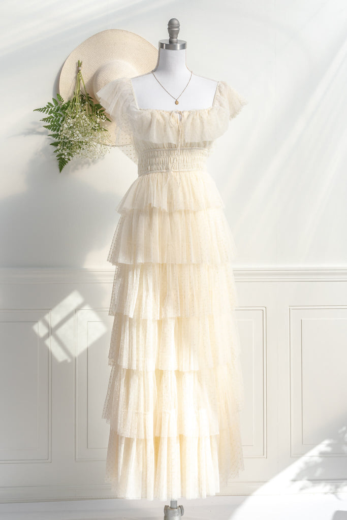 french and vintage style retro dress in cream tulle with tiny polka dots and tiered skirt - feminine amantine - back view