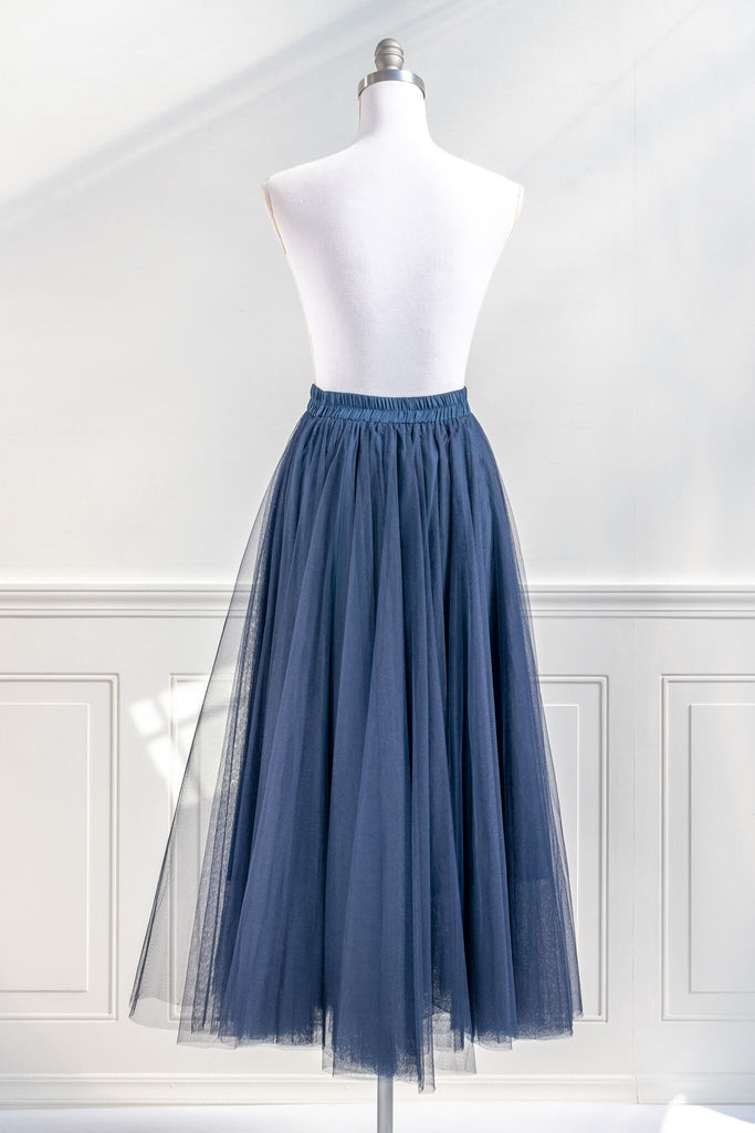 feminine clothing - a french style blue tulle maxi skirt. french girl skirt with bow. back view. amantine.