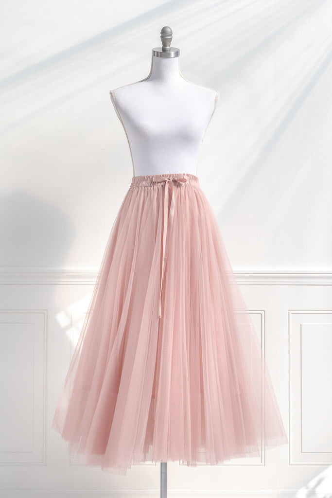 pink clothing- a french style pink tulle maxi skirt. french girl skirt with bow. front view. amantine.