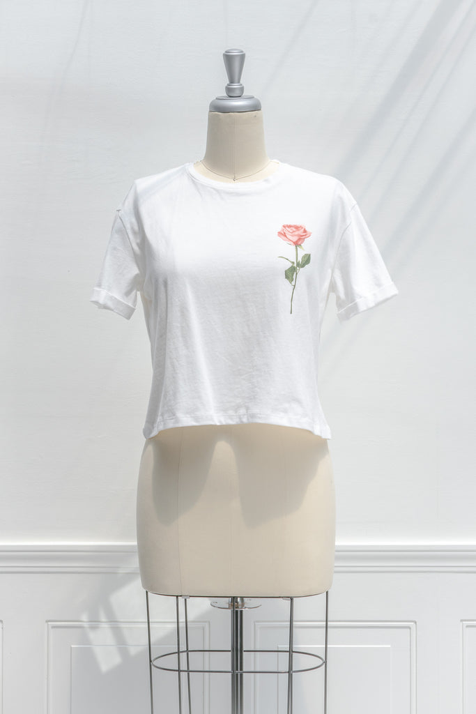 feminine tops - tees with single rose motif. elevated graphic tees. 