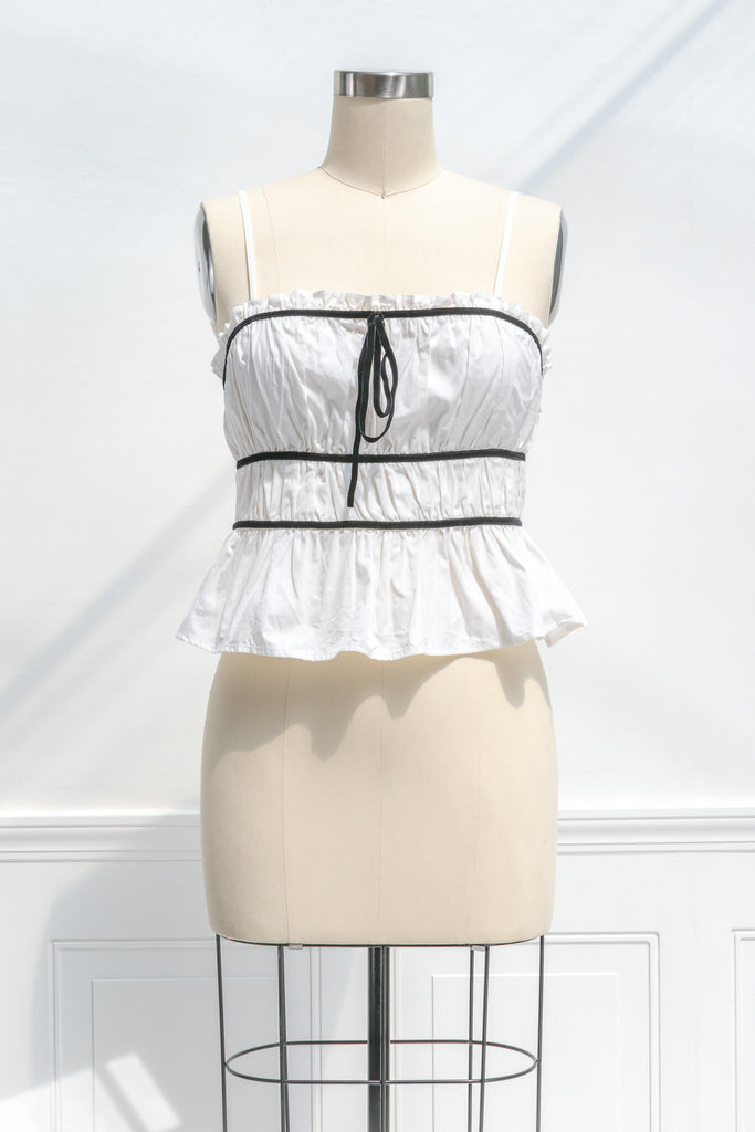 feminine top - cute french style top with straps and bow detail. front view. amantine.