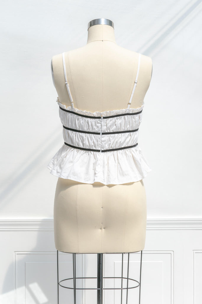 feminine top - cute french style top with straps and bow detail. back view. amantine.