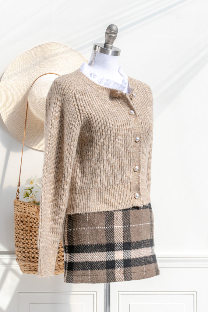 cottagecore style mini skirt and cardigan outfit. 