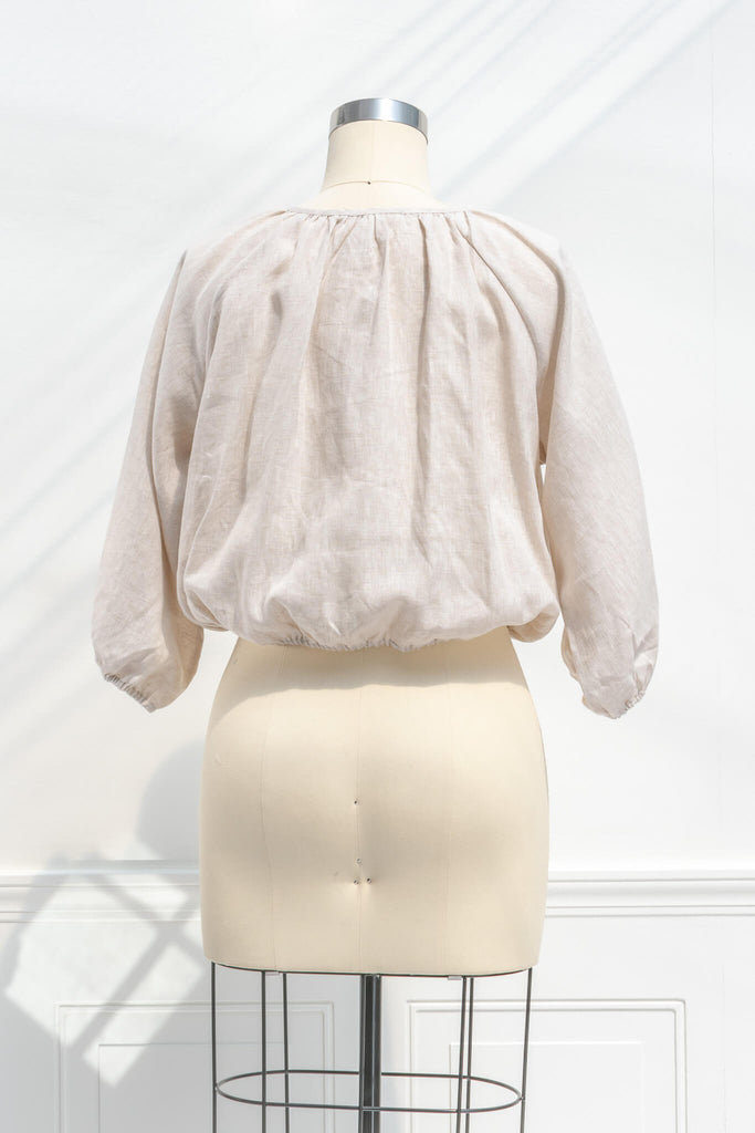 cottagecore outfits - a french and feminine style linen top for work. Button down, long sleeves, round neckline. back view. 
