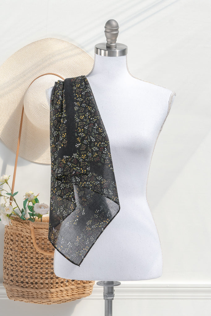 small gift for francophile - a french girl style neck kerchief or small scarf. floral on black. 