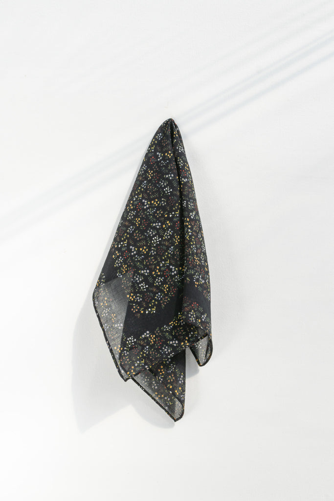 small gift for francophile - a french girl style neck kerchief or small scarf. floral on black. 