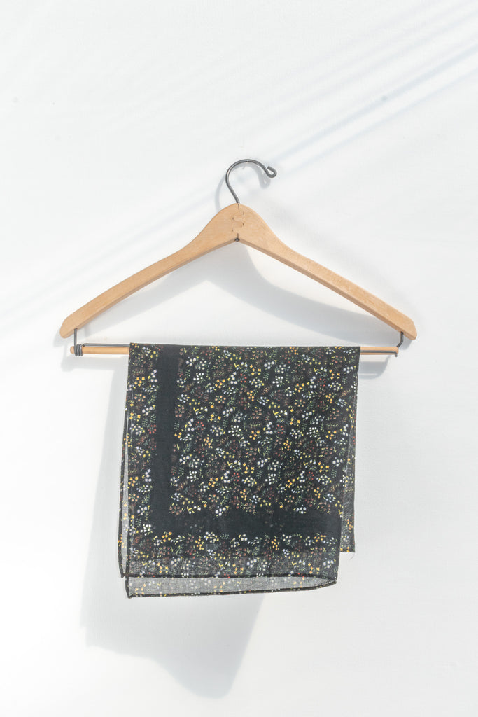 small gift for francophile - a french girl style neck kerchief or small scarf. floral on black. 