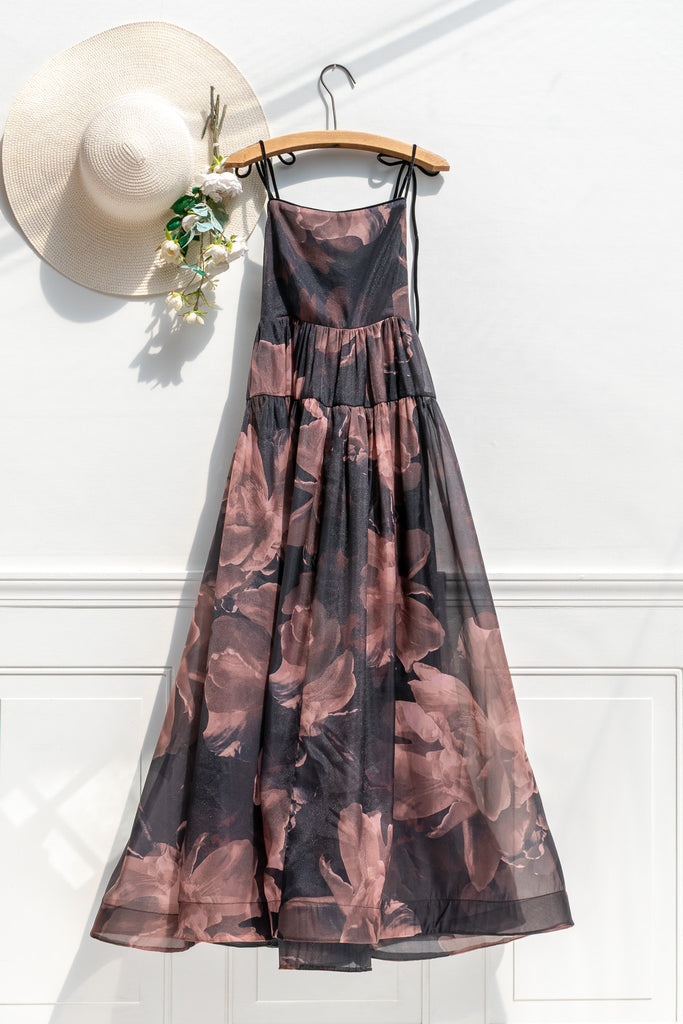 dress hanging on wall - dark floral party dress french girl 