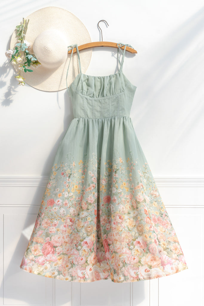 Floral outfit. A beautiful cottagecore floral dress outfit with a light green top and a floral bottom. Perfect for parties, or just to romanticize. view on hanger. amantine.  