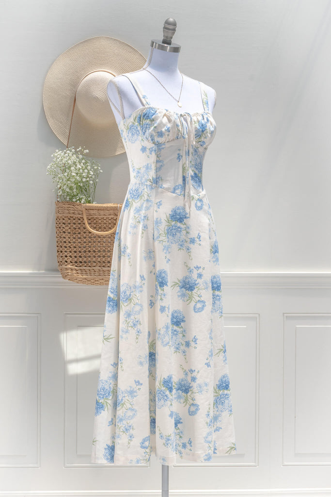 floral dress cottagecore style for summer - blue flower floral. 