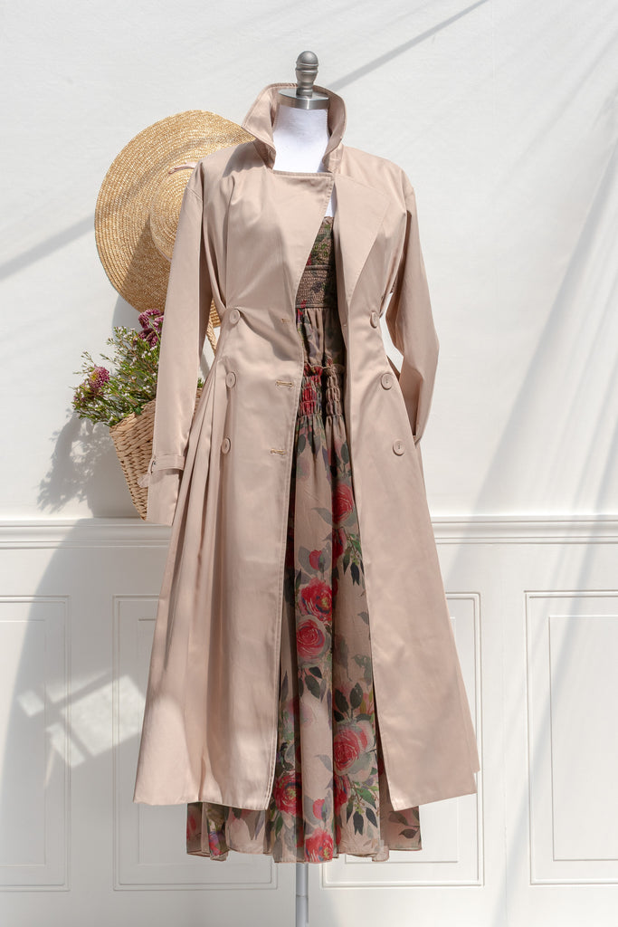 trench coat and midi dress outfit - french girl