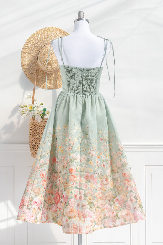 Floral outfit. A beautiful cottagecore floral dress outfit with a light green top and a floral bottom. Perfect for parties, or just to romanticize. back view. amantine.  