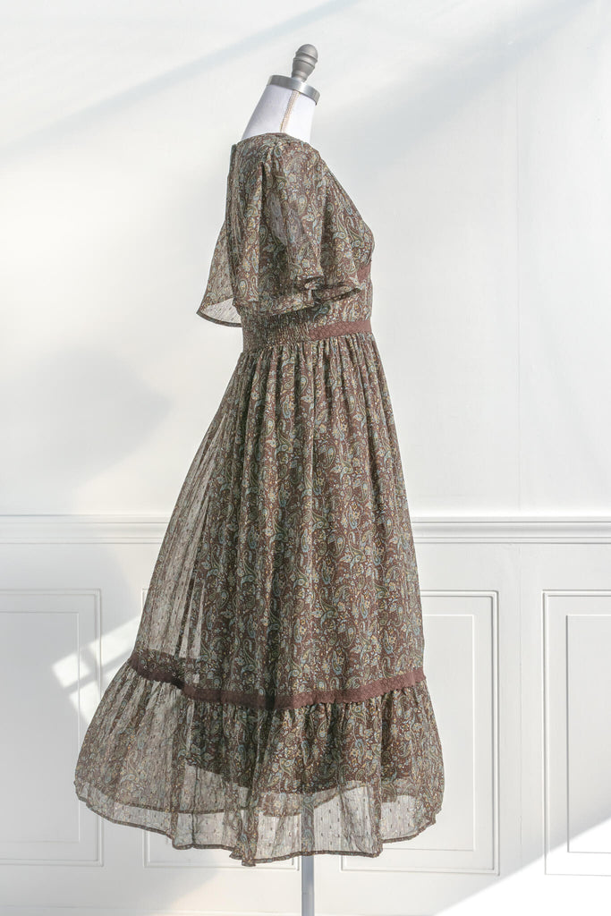 cottagecore style dress in an elegant french fashion - a beautiful dark floral chiffon dress inspired by elegant french fashion - side view - amantine.