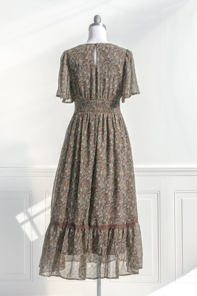 cottagecore style dress in an elegant french fashion - a beautiful dark floral chiffon dress inspired by elegant french fashion - back view - amantine.